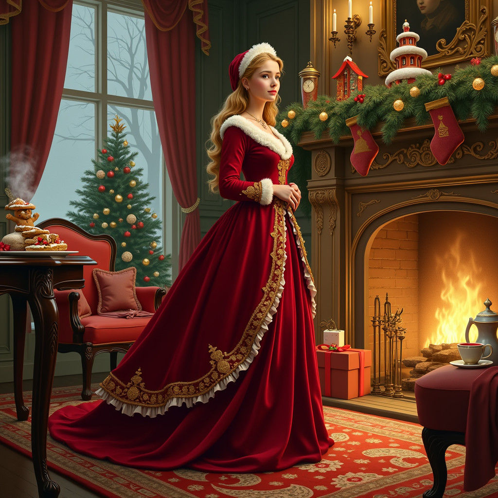 Young Mrs. Claus in Opulent Victorian Christmas Scene
