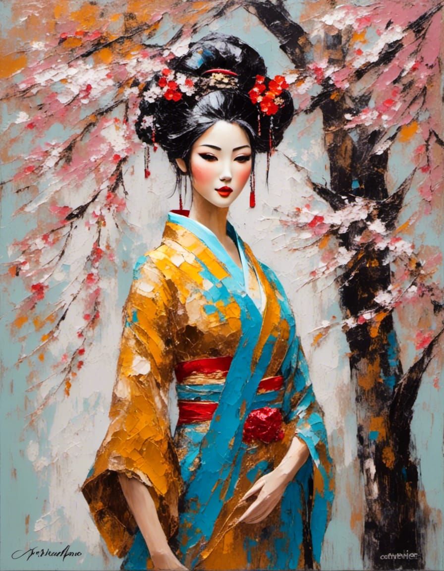 Geisha Girl with Cherry Blossoms in Impasto Style