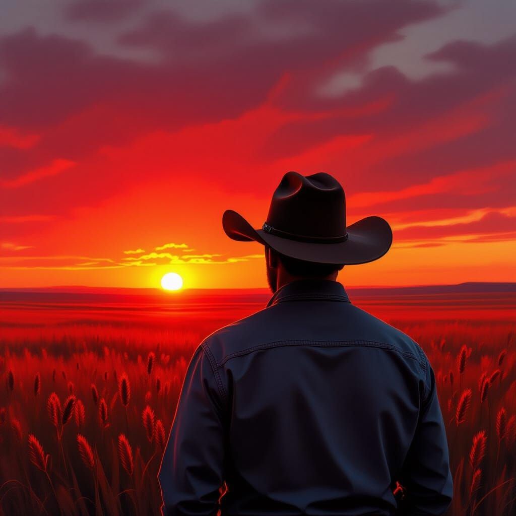 Rancher in Red Sunset: Hyperrealistic Oil Painting