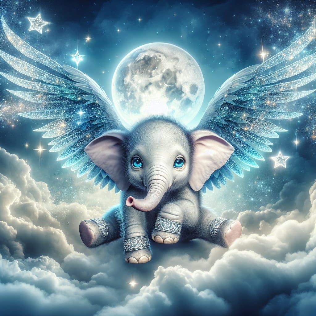 Winged Elephant Soaring Through Starry Sky