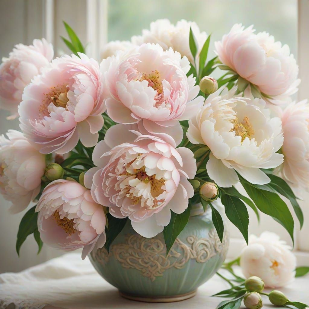 Blush Pink Peonies in Antique Vase, Soft Focus Photography