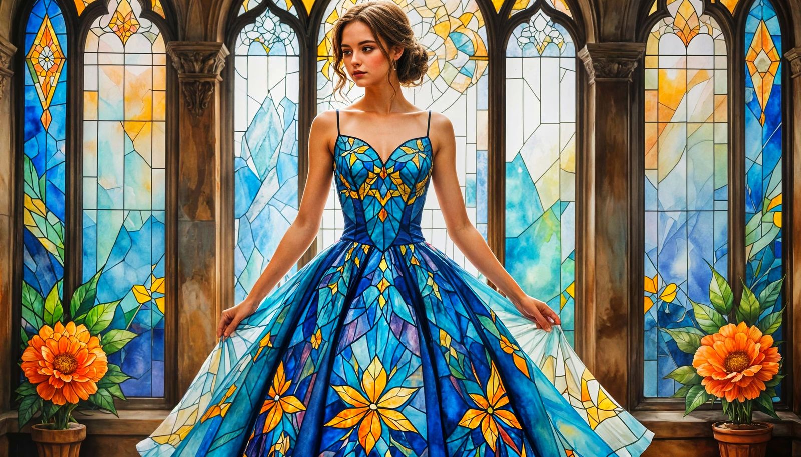 Vibrant Stained Glass Dress in Watercolor Style