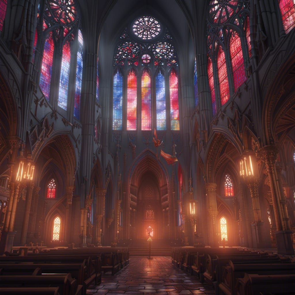 Gothic Cathedral Under Red Sun in Cinematic 3D