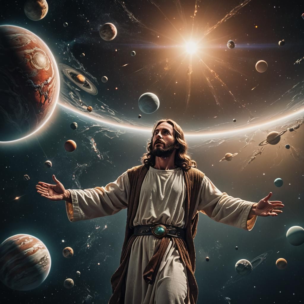 Jesus Christ floating in space looking at all the planets and universes he has created Cinematic film still, shot on v-r...