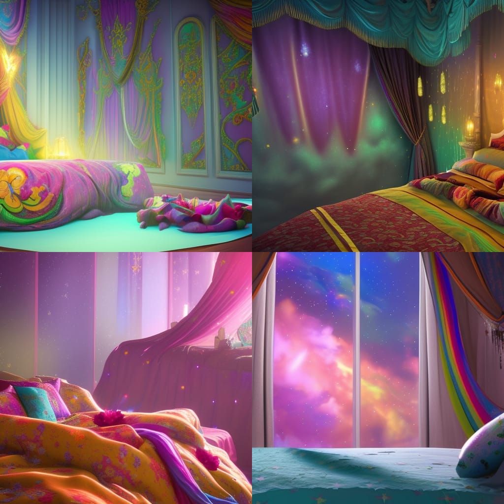 Regal Giant Bed with Rainbow Colors, Detailed Matte Painting