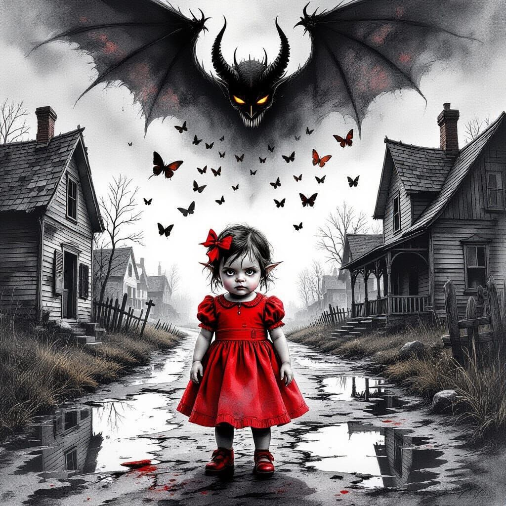 Orc Babygirl in Ruined Village, Ink and Watercolor Masterpie...