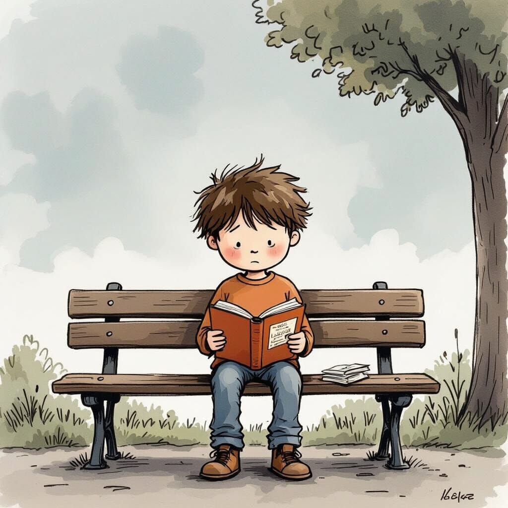 Sad Boy Terry Dumption Sits Alone on Park Bench