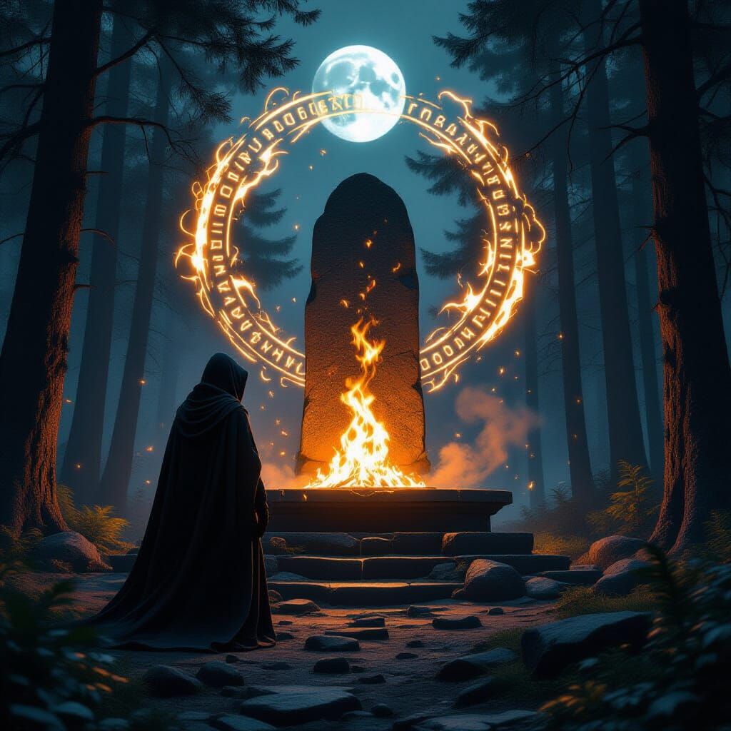 Mystical Fire Ritual in Moonlit Forest