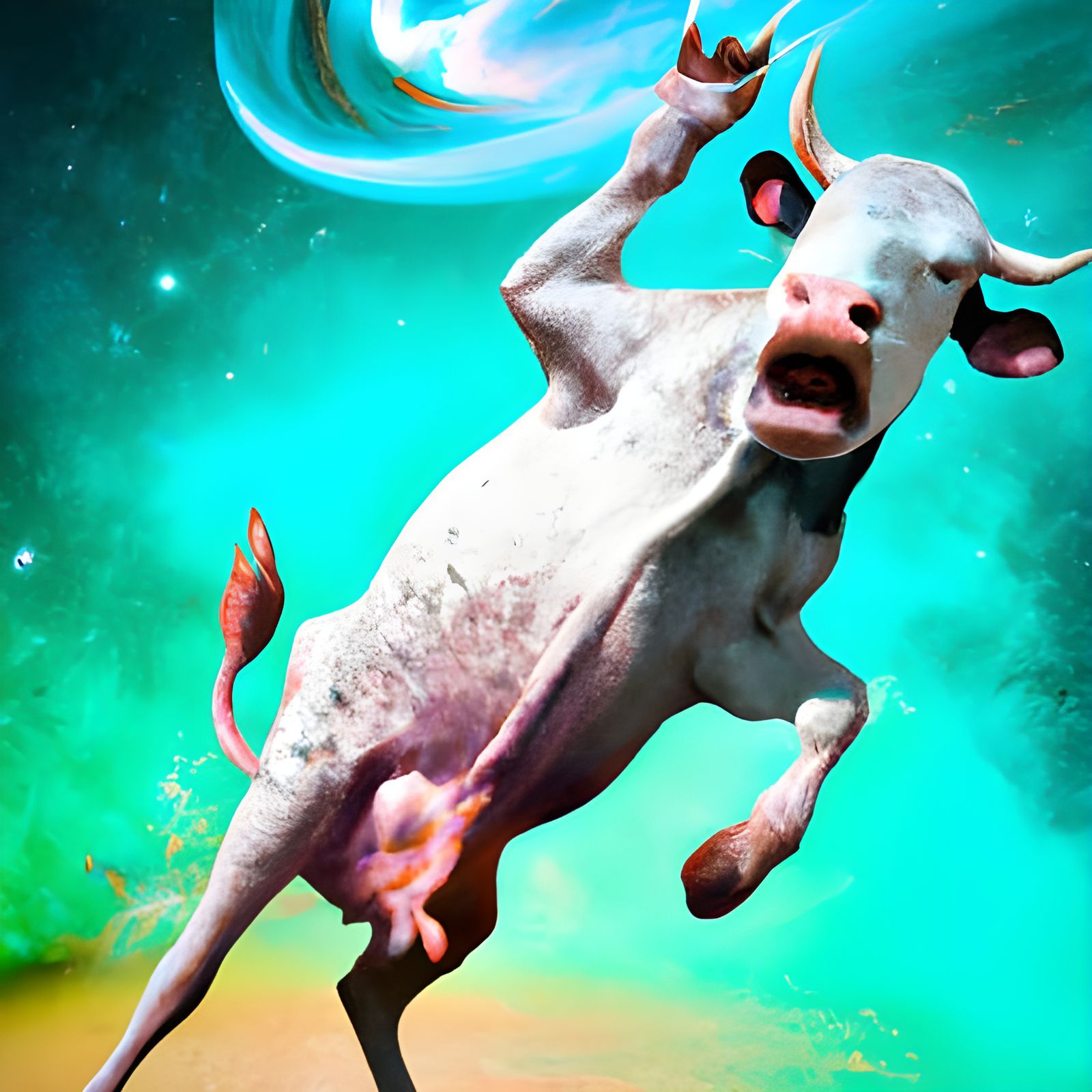 Happy Cow Dancing with Aliens in Hyperrealistic Style