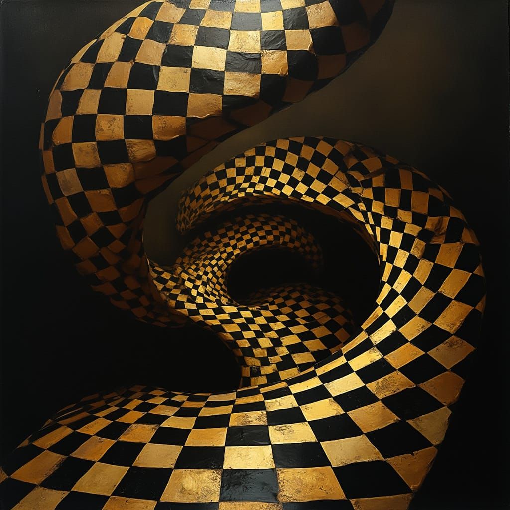 Surreal Staircase Unfolds in Golden Checkerboard Spiral