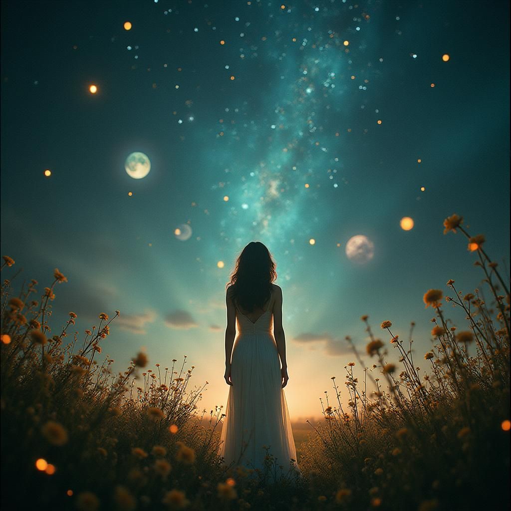 Celestial Garden: Woman Among Twinkling Stars