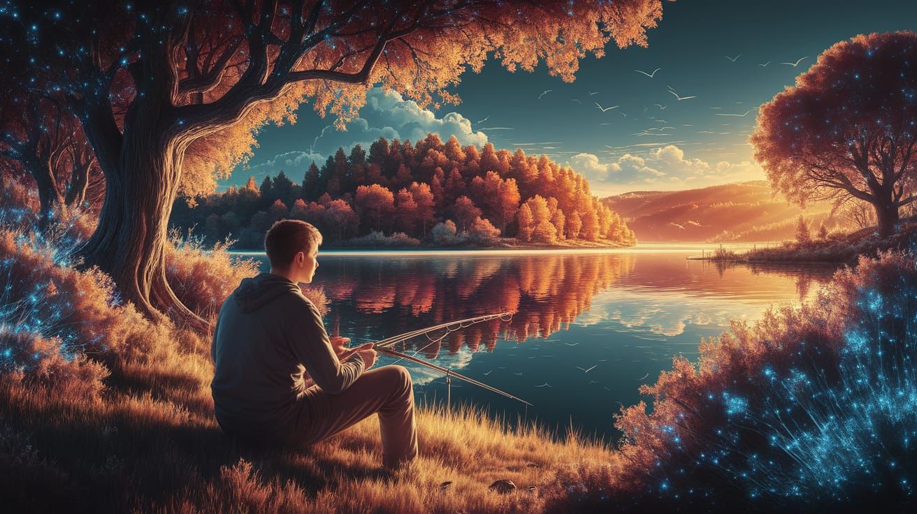 Young Man Fishing by Lake in Ethereal Digital Painting