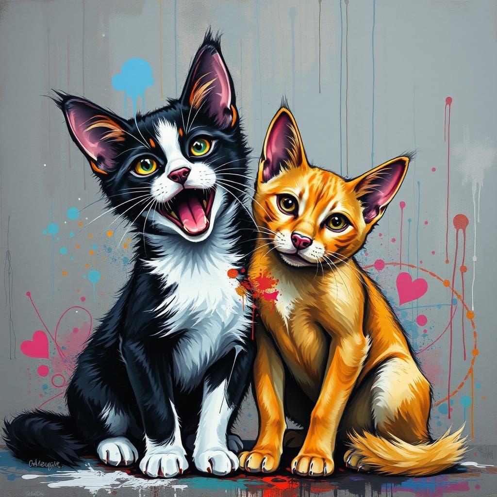 Vibrant Street Art Scene: Feline and Canine Friends Unite