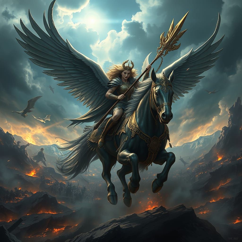 Valkyrie Soaring Above Battlefield in Dark Fantasy Style