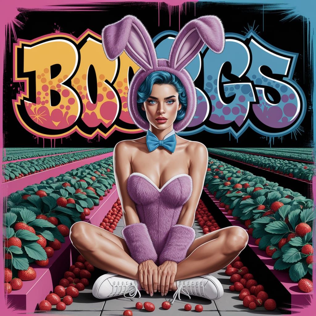 Graffiti-Inspired Woman in Vibrant Strawberry Patch