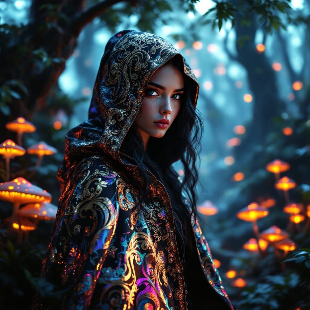 Enigmatic Girl in Whimsical, Dreamlike Landscape