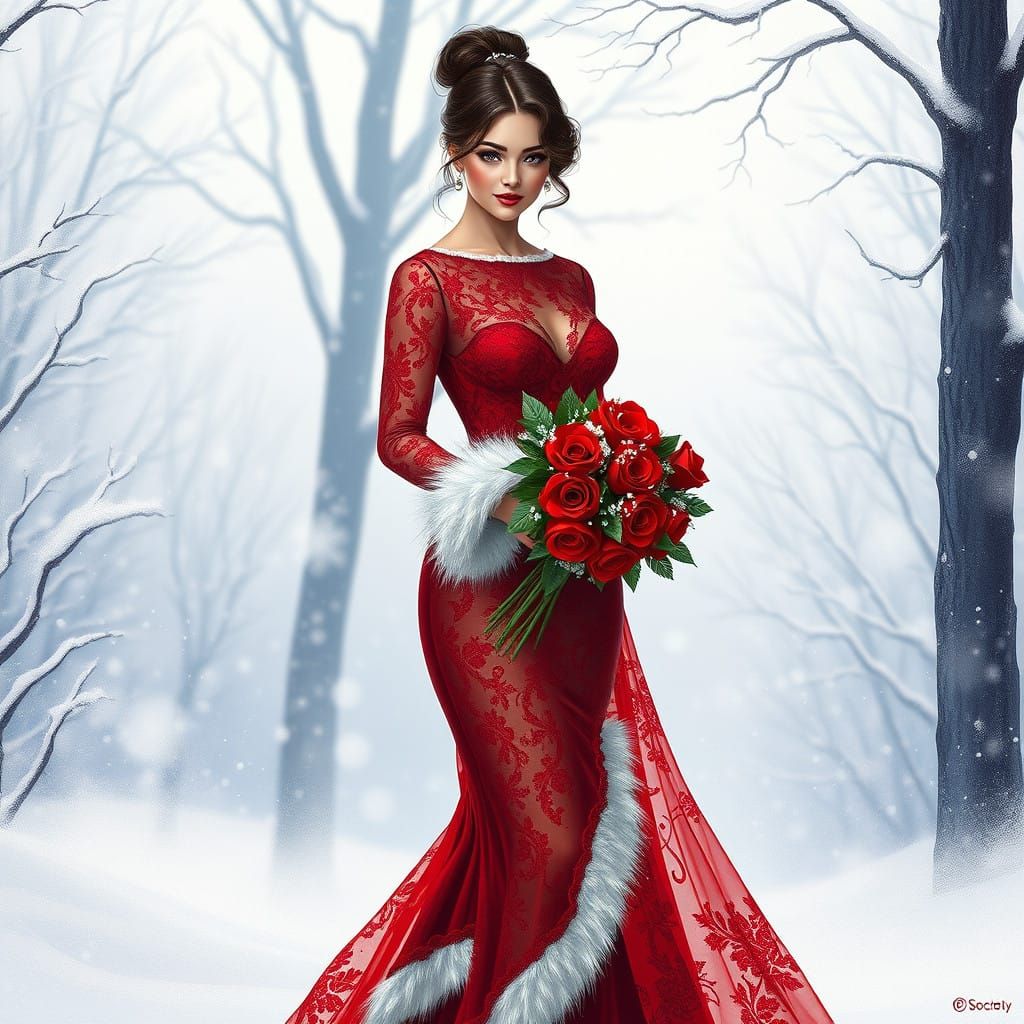 Winter Enchantress in Red Lace Gown Amidst Serene Snowscape