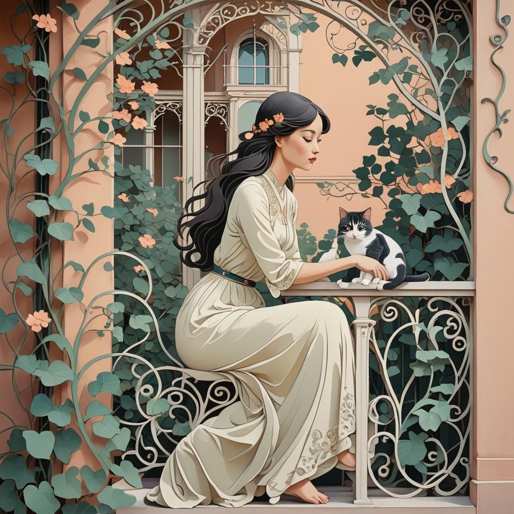Girl with Cat: Art Nouveau Minimalist Design