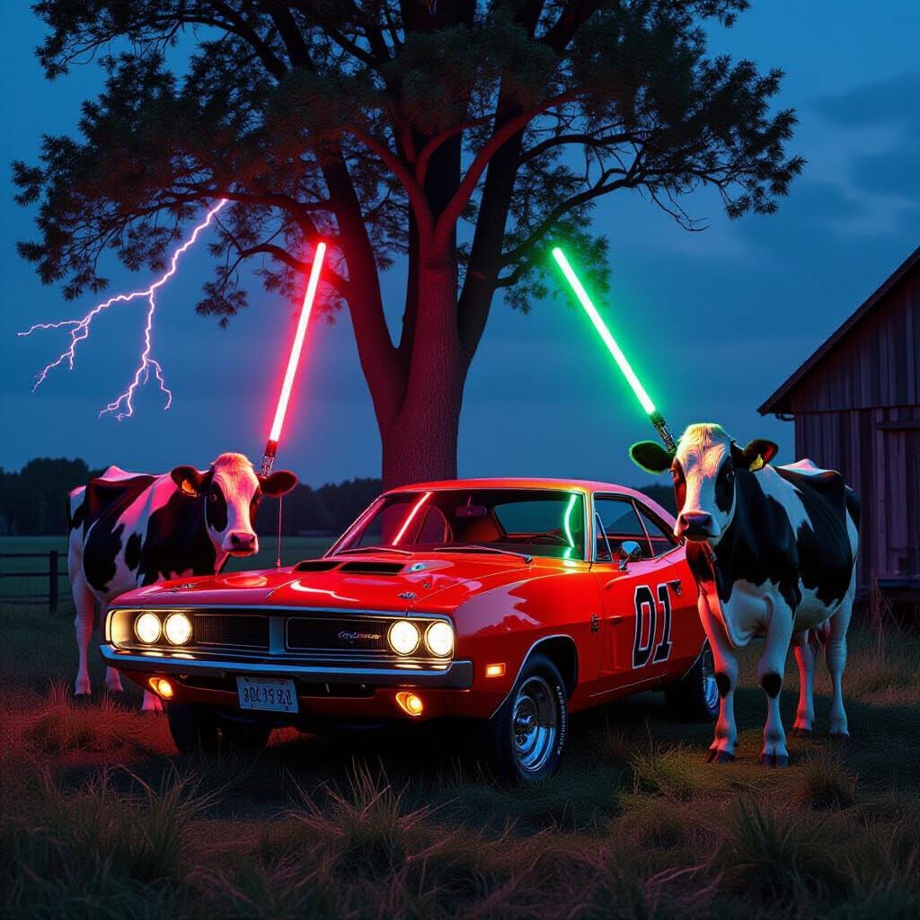 Cow Sith Lords Guarding Neon Dodge Charger