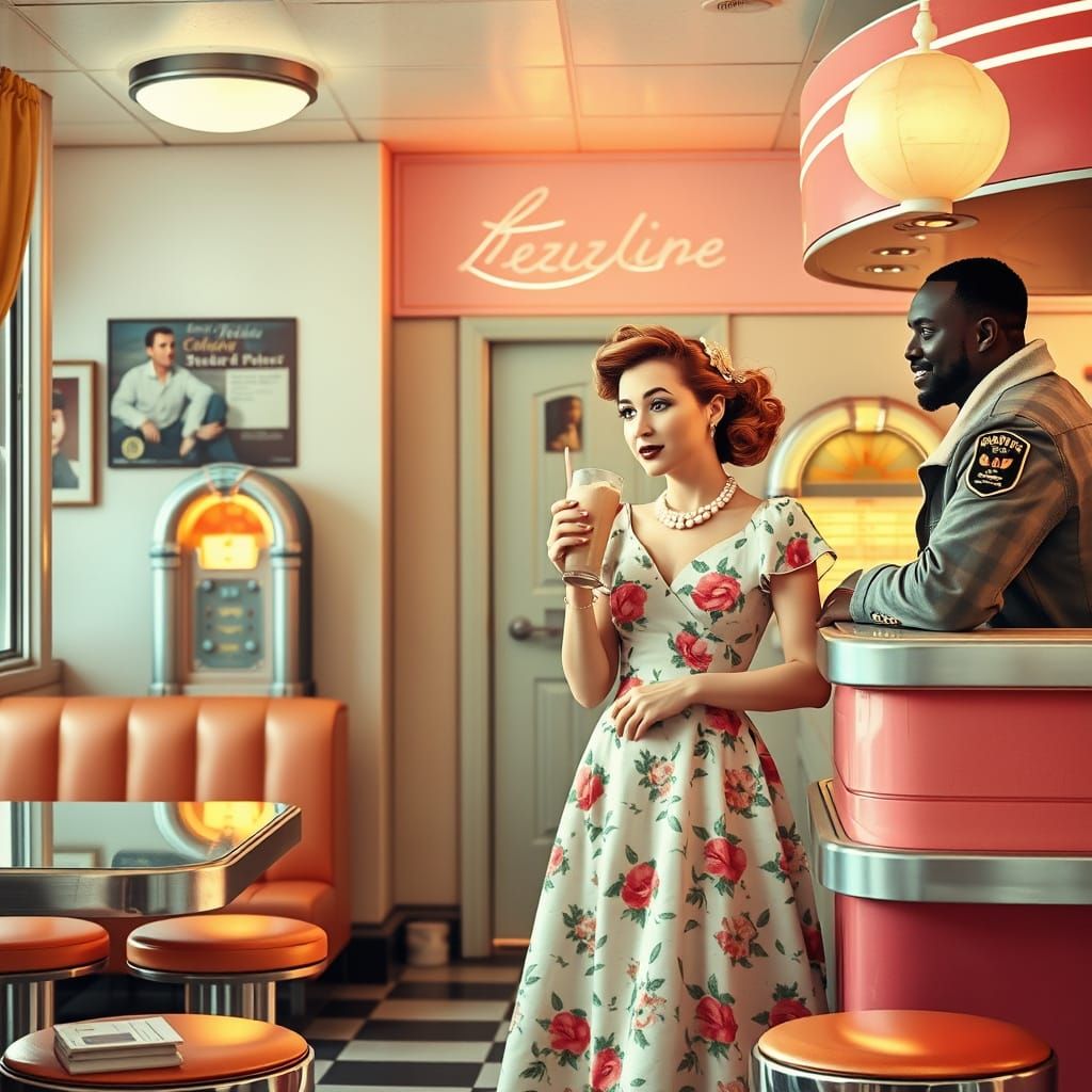 Retro Diner Scene in Folksy Realism Style