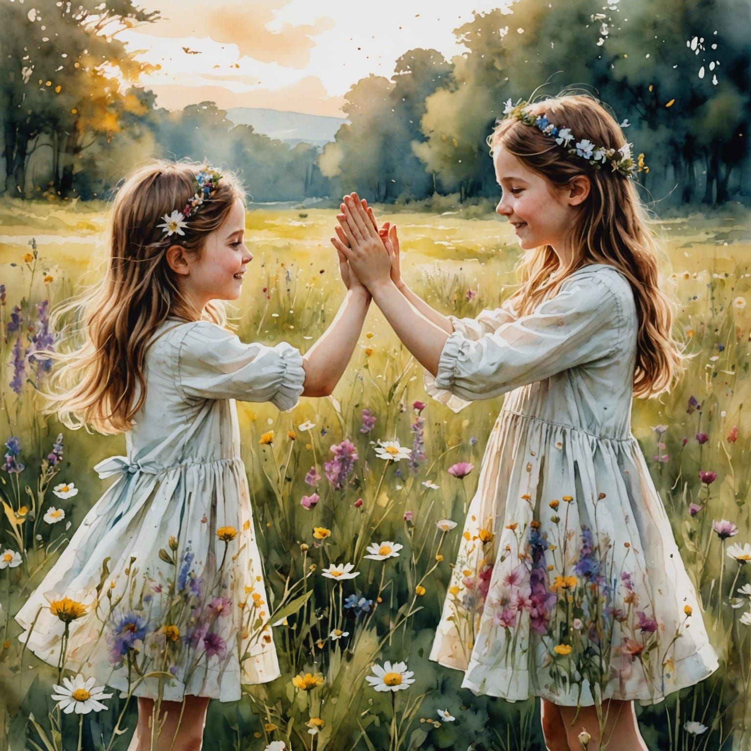 Friends High-Fiving in Watercolor Fantasy Garden
