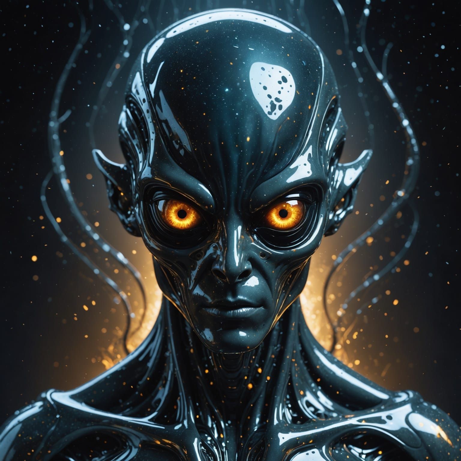 Liquid Metal Alien with Swirling Galaxies