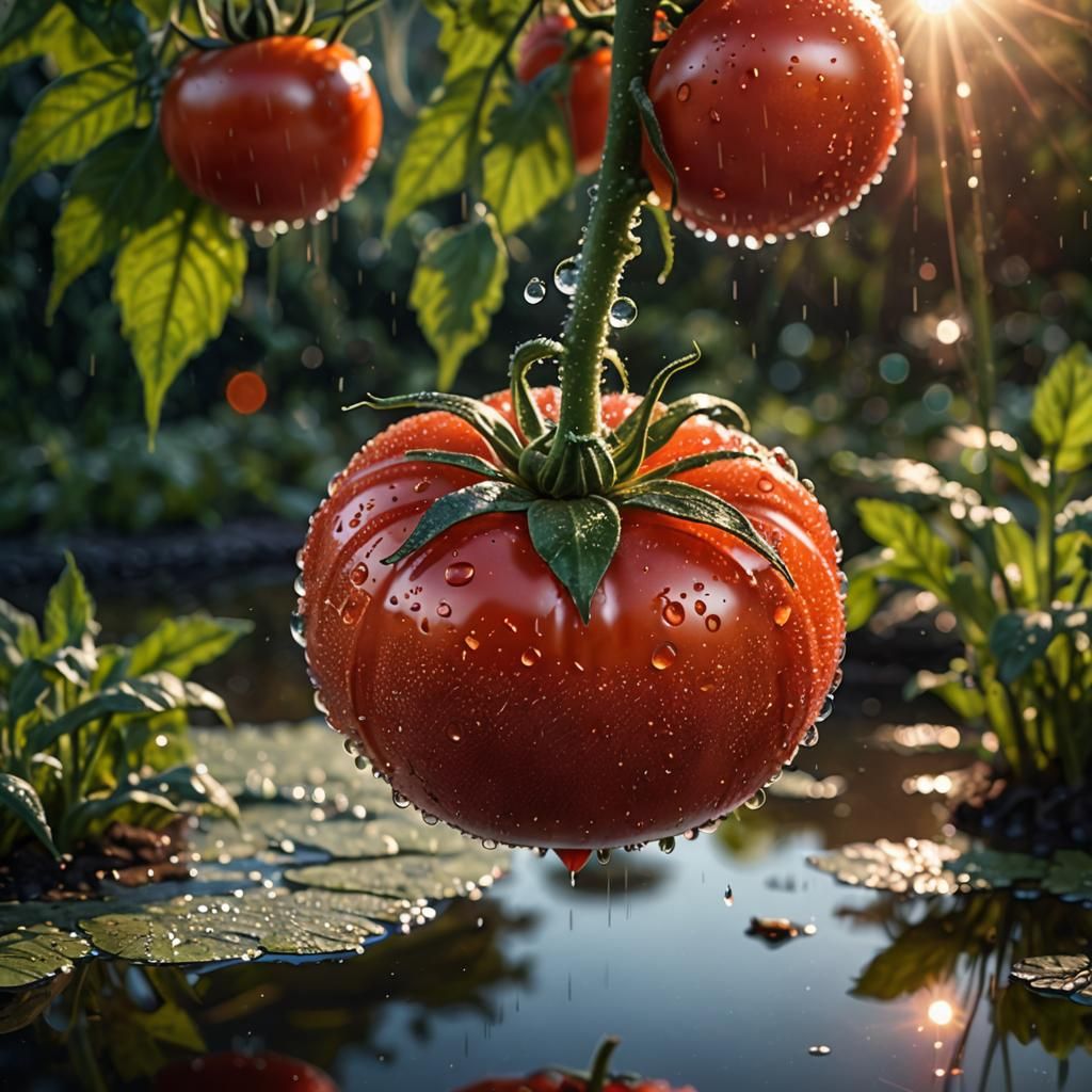 Glossy Red Tomato With Dew Drops at Sunrise