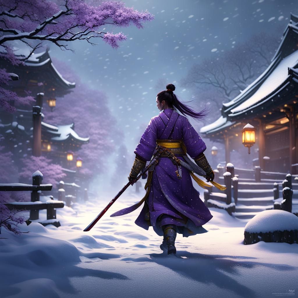 Samurai Woman in Snow, Dark Fantasy Concept Art