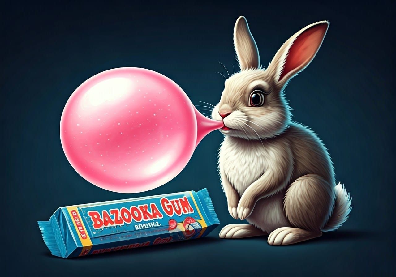 Whimsical Rabbit Blows Giant Pink Bubble on Vintage-Style Ba...