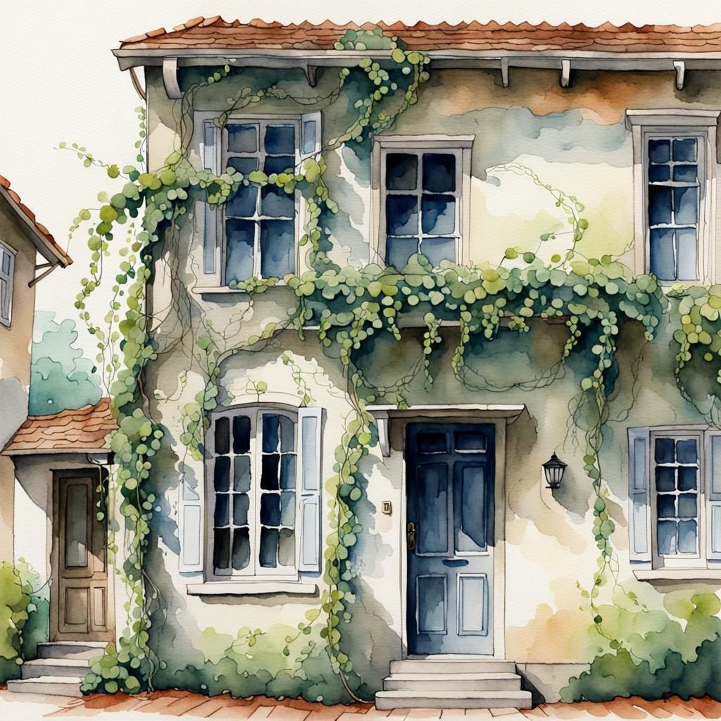 Watercolor House with Climbing Vines