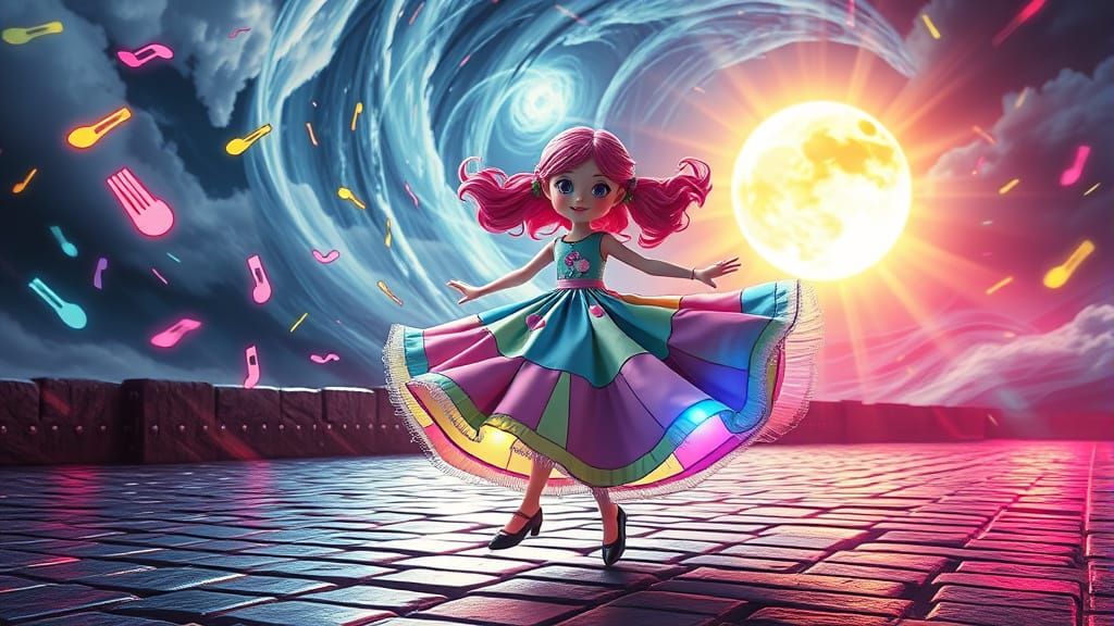 Patchwork Doll Twirling in Neon Vortex: Digital Art