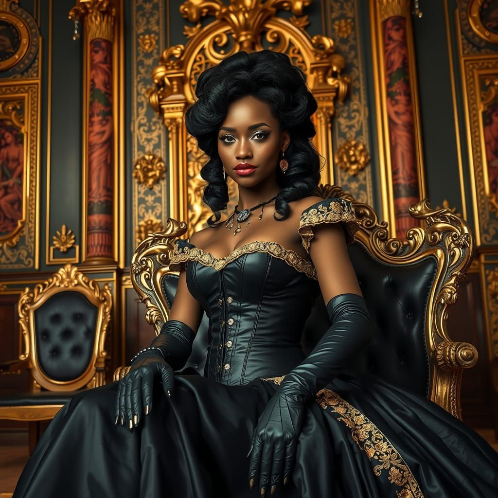 Black Marie Antoinette in Gothic Rococo Throne Room