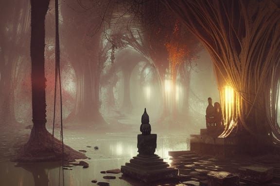 Spooky Buddhist Grotto in Solarpunk Art Deco Style