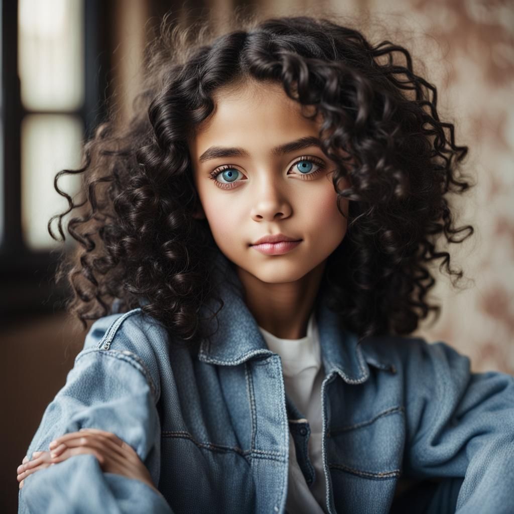 Beautiful Curly-Haired Girl with Blue Eyes