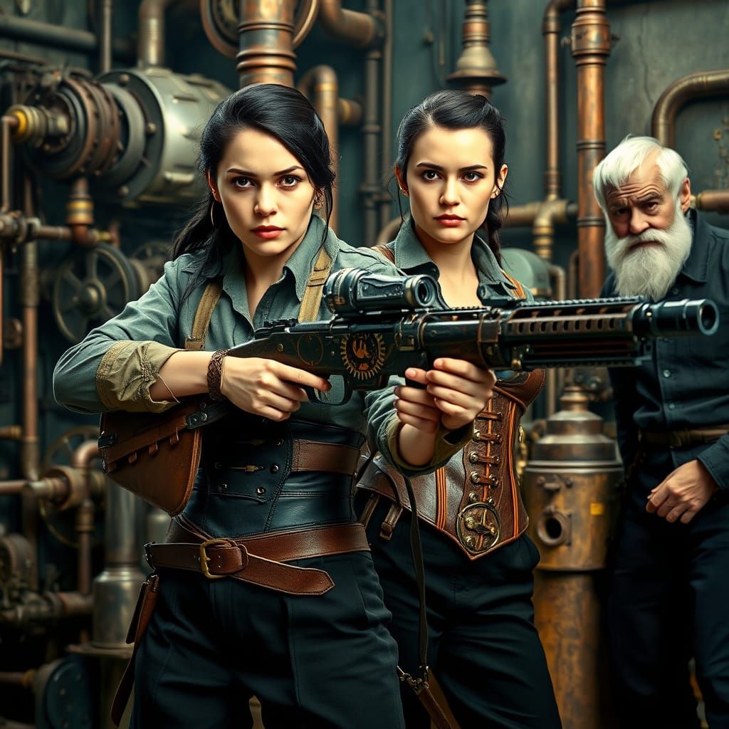 Steampunk Woman with Gun in Industrial Setting