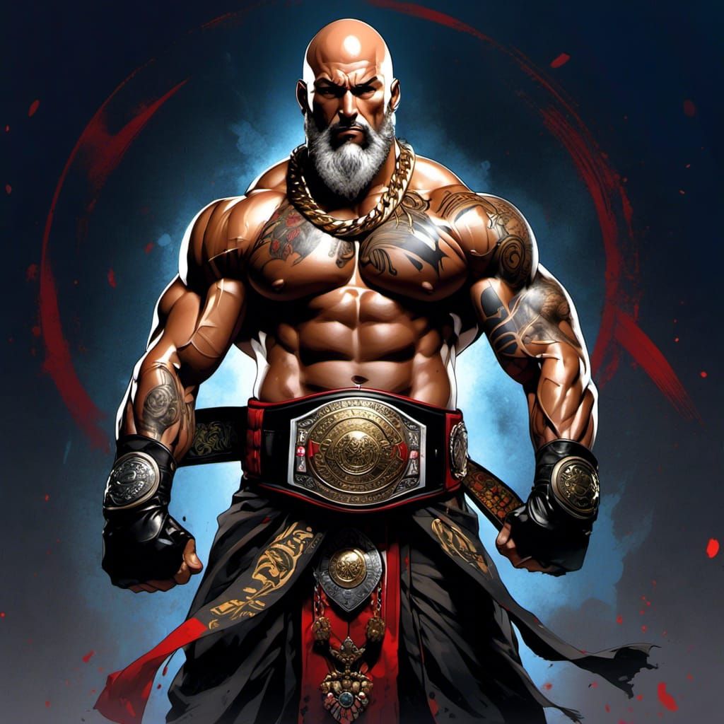 Muscular Anime Fighter with Championship Belt