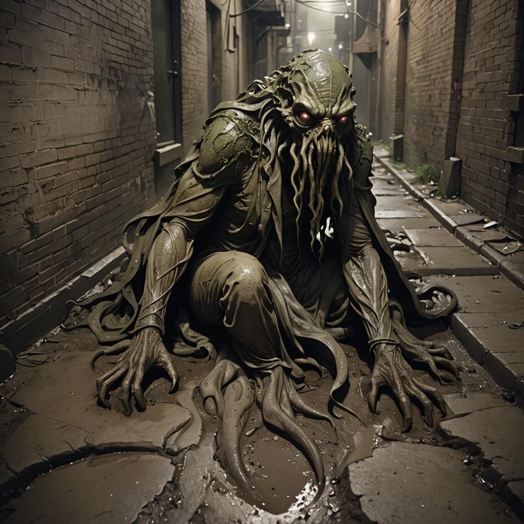 Eerie Cthulhu-Inspired Earth Artwork in Dark Alley