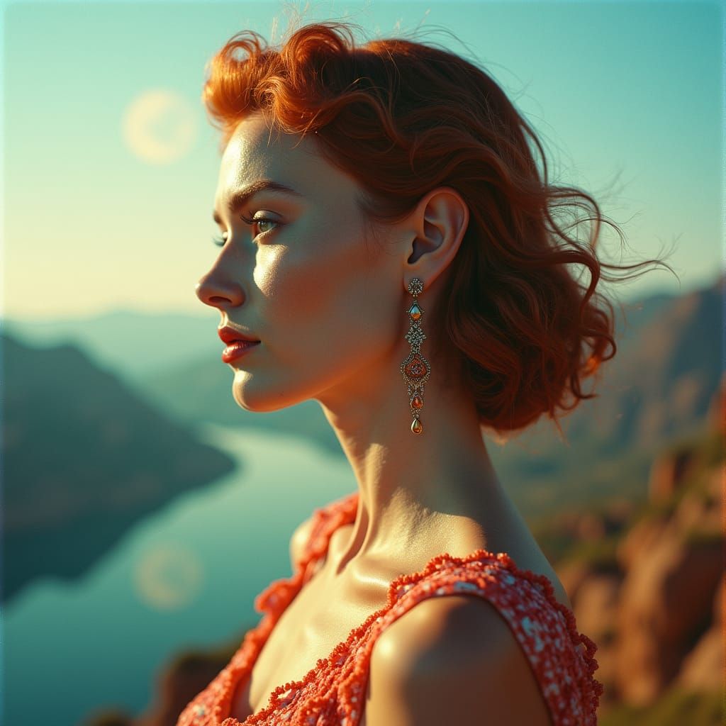 Double Exposure: Red-Haired Woman on Alien Planet