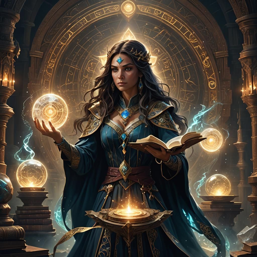 Sorceress Conjuring Spell in Ancient Chamber