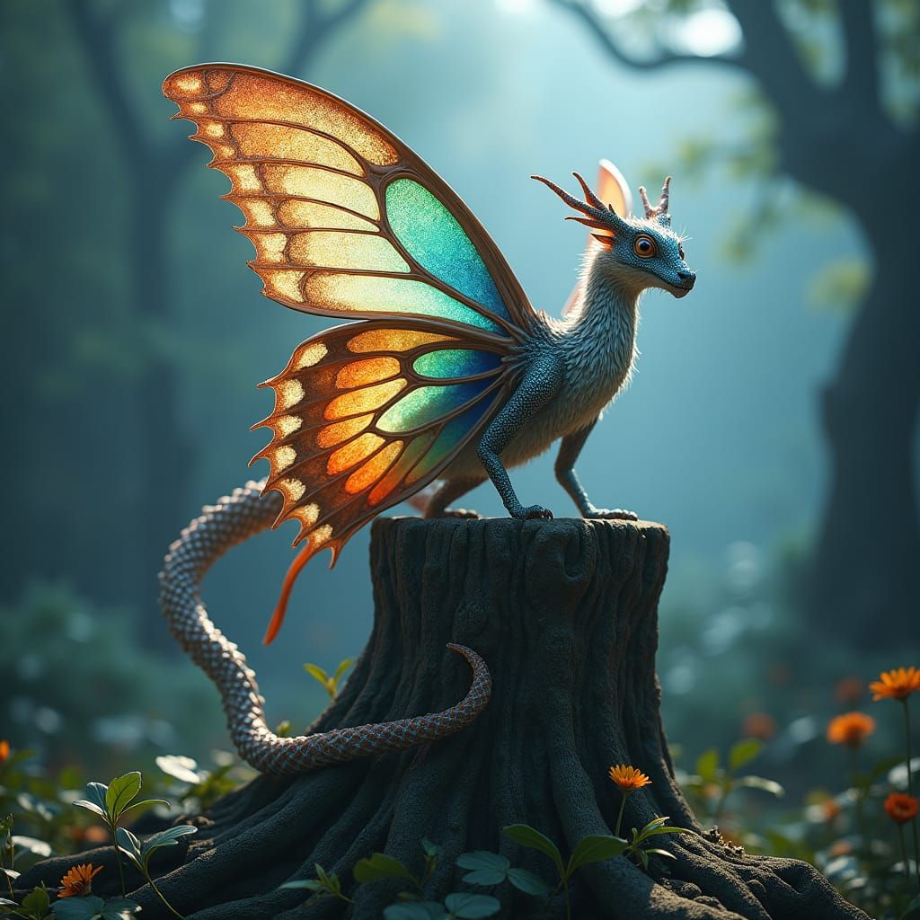 Butterfly Dragon on Misty Tree Stump