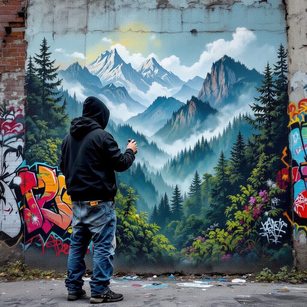 Urban Graffiti Artist Creates Airbrushed Landscape Mural