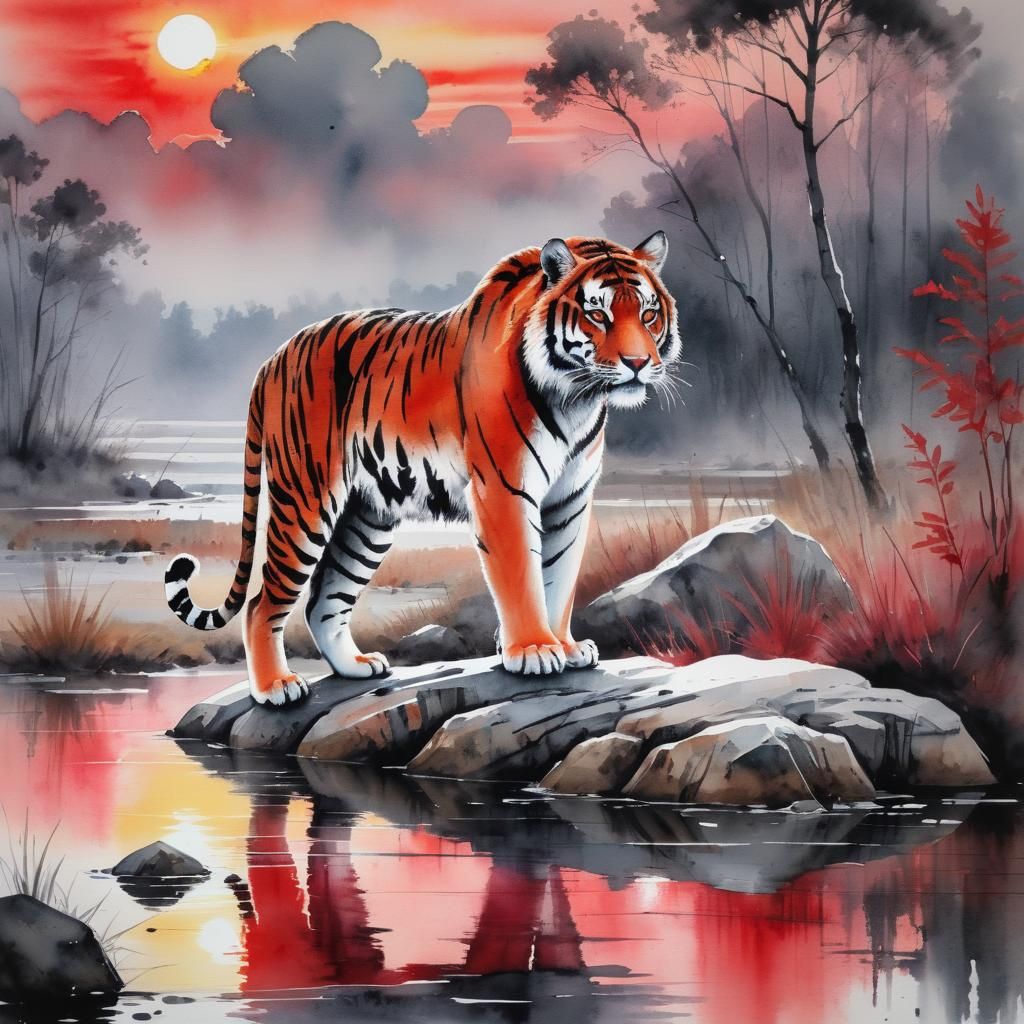 Siberian Tiger Watching Carefully at Sunrise