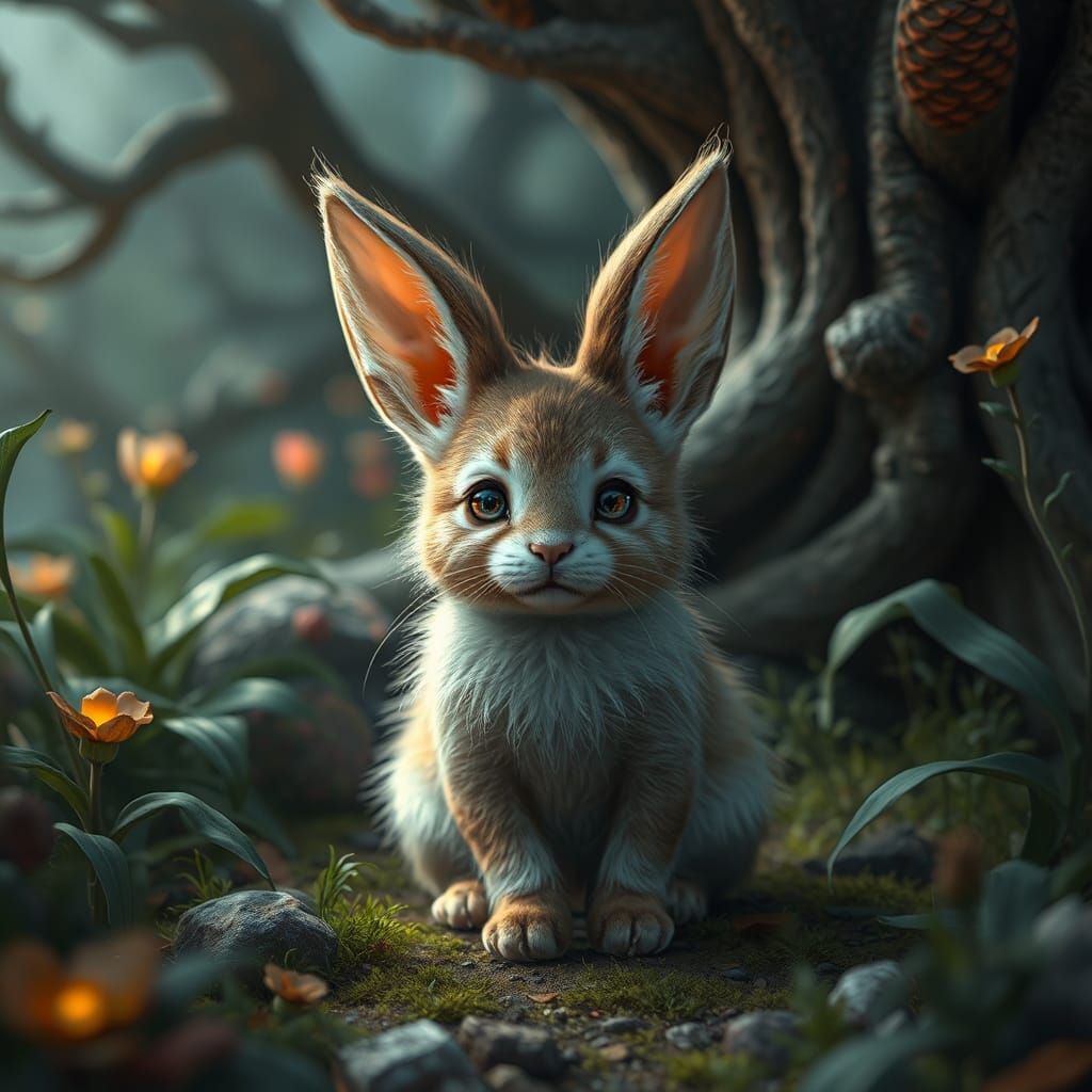 Fluffy Cat-Rabbit Hybrid in Lush Environment