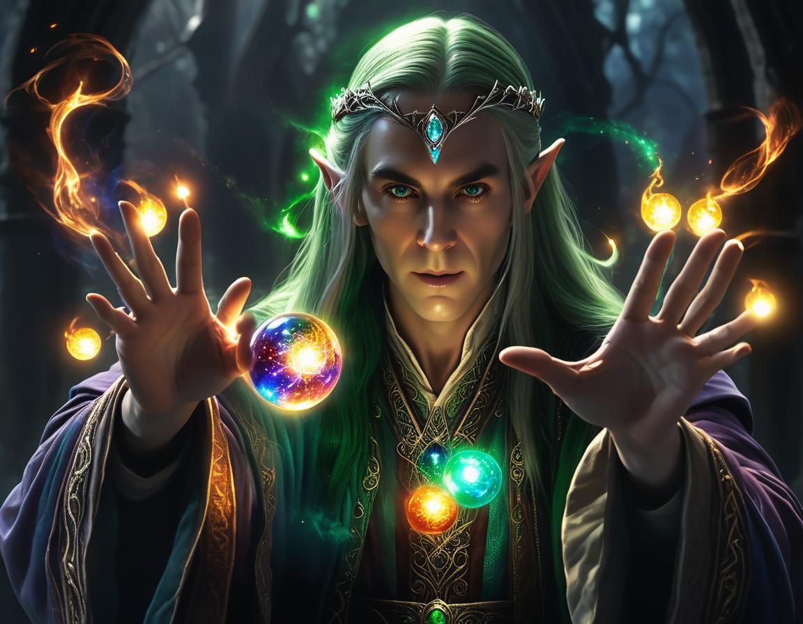 Elven Wizard Conjuring Multicolored Light Orbs