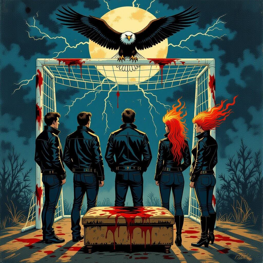 Dramatic Eagle Topped Goalpost in Lithograph Style