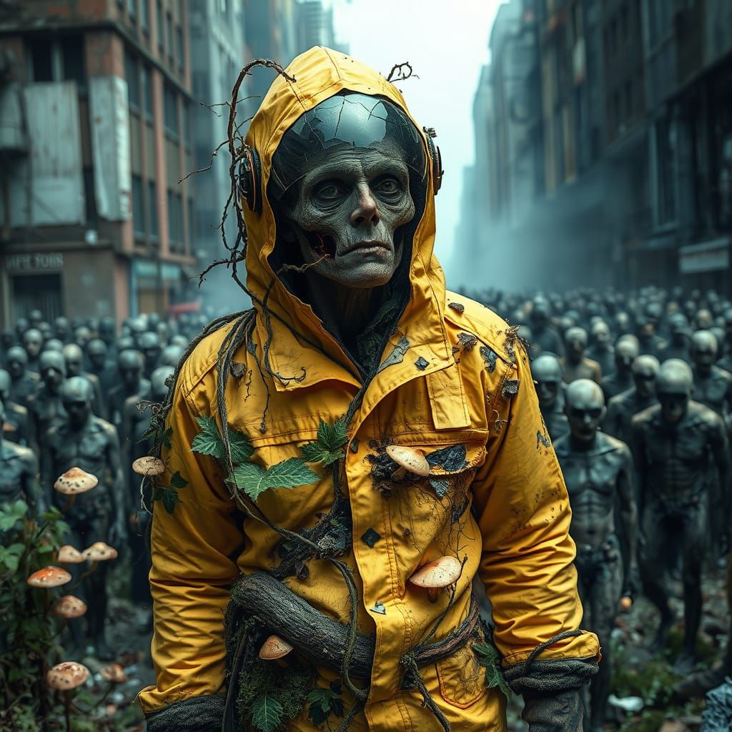 Post-Apocalyptic Figure in Decay, Surrounded by Nature's Res...