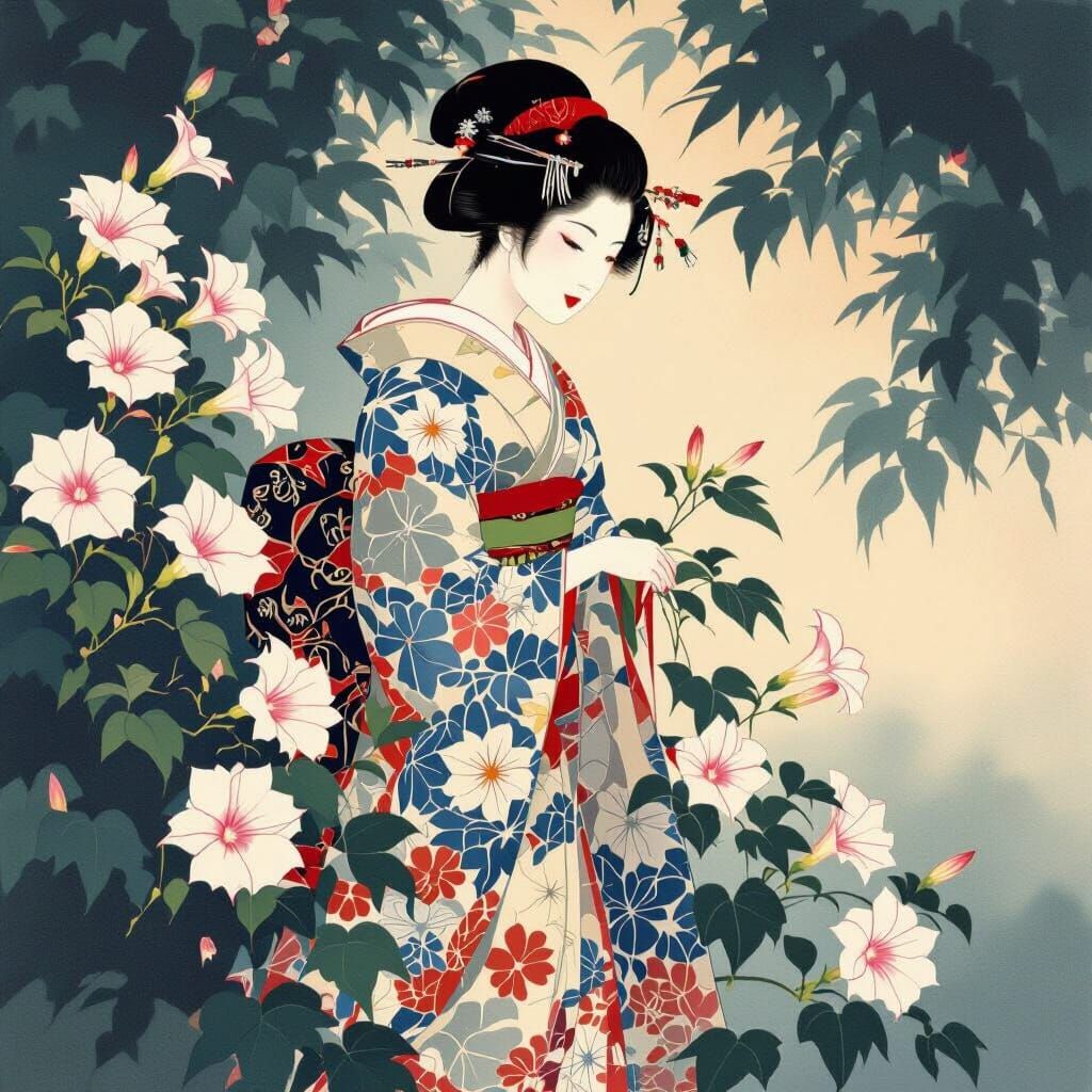 Geisha with Morning Glories in Shin Hanga Style