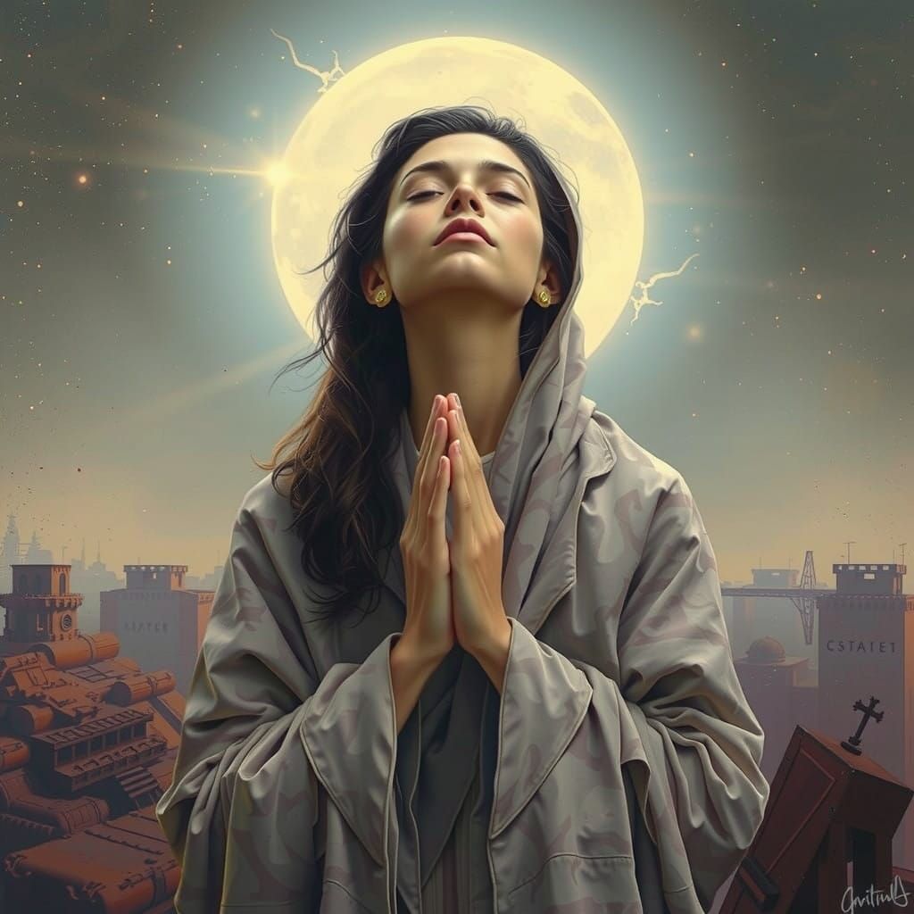 A Woman in Prayer, Surrounded by Vibrant, Golden Light