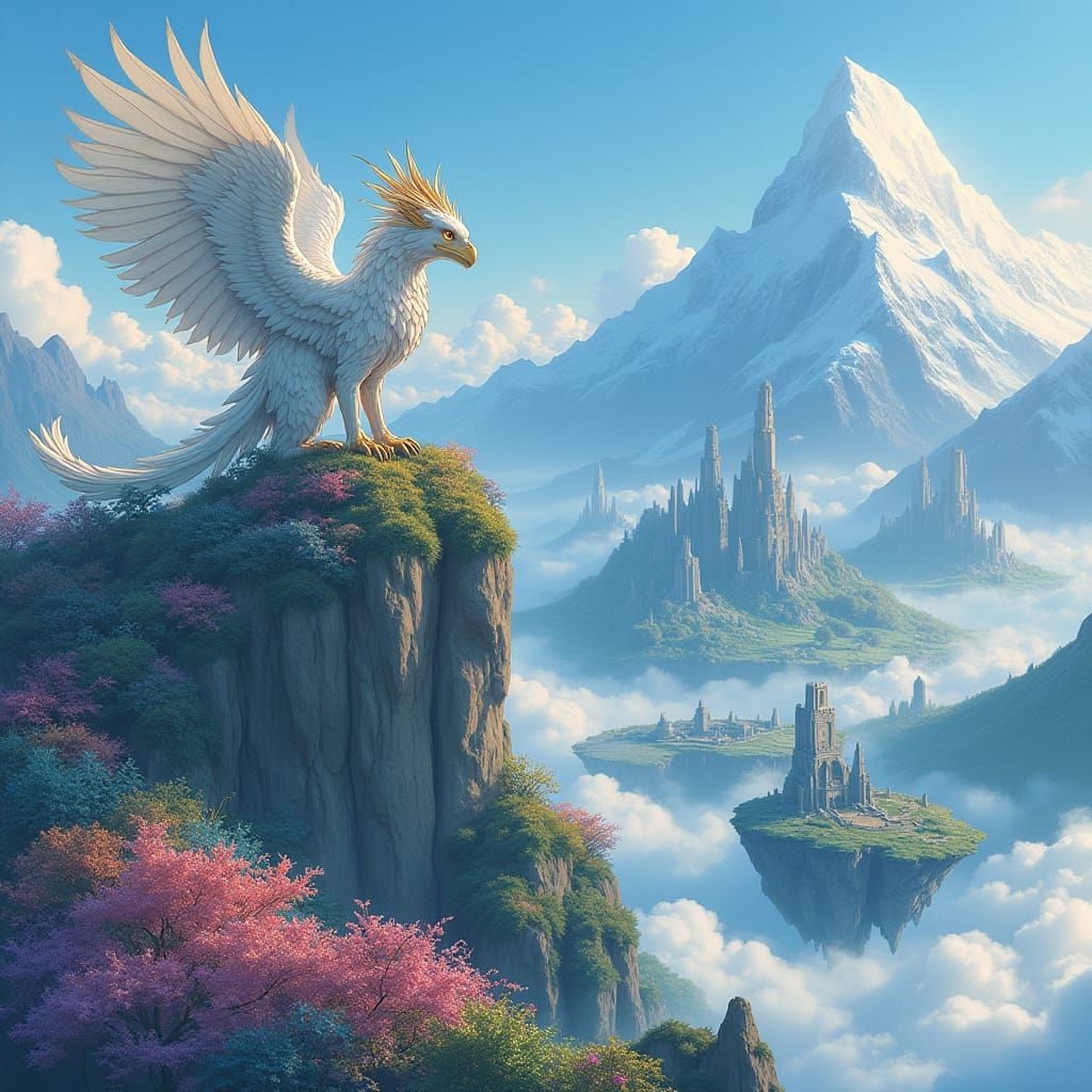 Armored Griffin Overlooking Ethereal Forest, Ghibli Style
