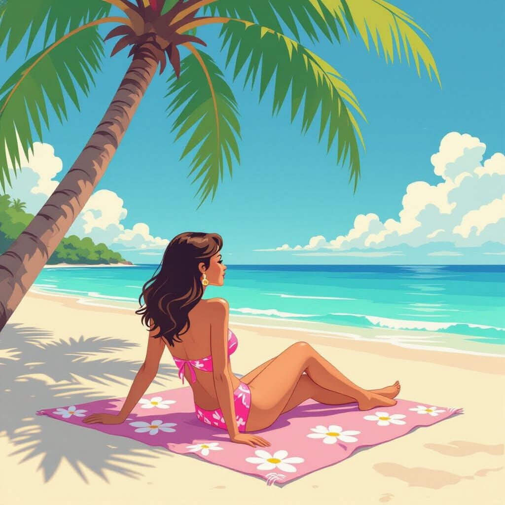 Girl on Beach in Whimsical Surrealist Style